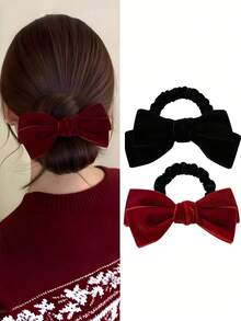 1pc Women Elegant Velvet Large Bow Elastic Hair Scrunchie Daily Date Hair Accessory - Multicolor - View 1