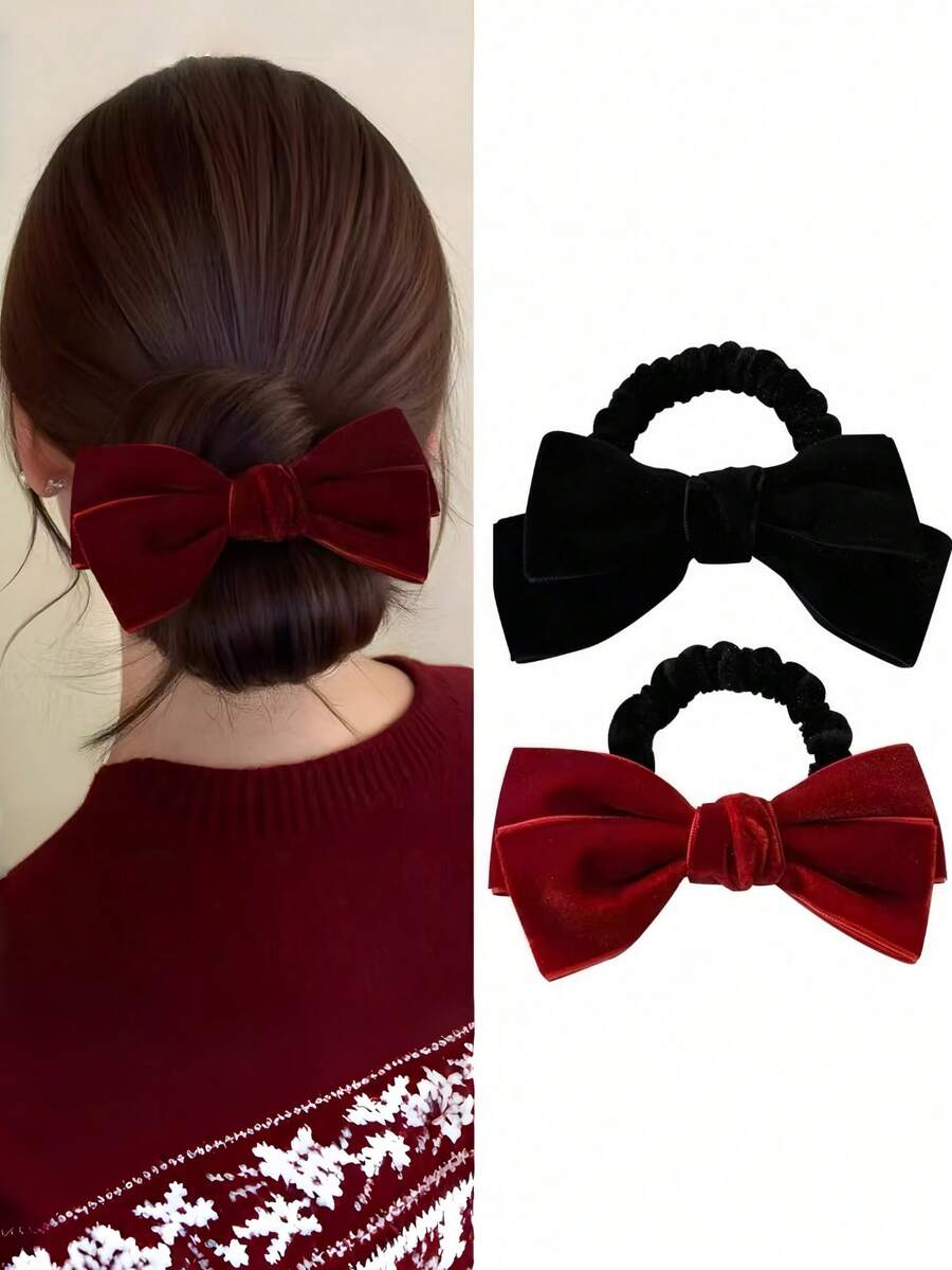 1pc Women Elegant Velvet Large Bow Elastic Hair Scrunchie Daily Date Hair Accessory - Multicolor - View 1