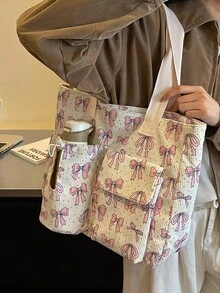 1件多用途大容量多口袋蝴蝶結圖案托特包，適合旅行、購物、度假，可收納筆記本電腦、教科書、衣物 - 彩色 - 查看 5