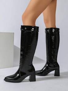 Women's Rivet Trim Fashion Detachable 2-In-1 Knee-High Boots, Black Pointed Toe Chunky Heel Wide Shaft Tall Boots, Autumn/Winter Street Party Versatile Boots - Black - View 10