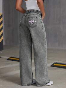 Tween Girls' Oversized Casual Comfortable Bow Embroidered Straight Leg Wide Leg Jeans - Grey - View 3
