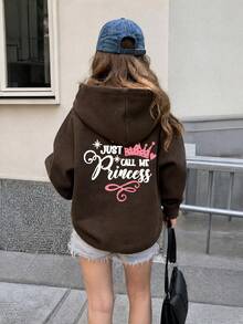 1件青少年女孩休閒印花套頭連帽衛衣，秋冬學生兒童長袖保暖內裡加厚上衣，趣味繽紛，激發孩子想像力，情人節愛心服飾 - 棕色 - 查看 2