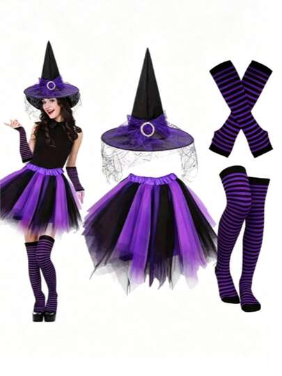 Women's Purple & Black Witch Costume, Halloween Cosplay Outfit, Includes Tulle Skirt, Witch Hat, Striped Socks And Arm Warmers, Carnival Costume, Masquerade, Cosplay, Halloween, Theme Party, Photo Shoot Prop