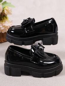 Preppy‑Style Kids' Loafers, Street‑Style Slip‑On Shoes With Gear‑Pattern Thick Soles, Casual Flat Shoes, Suitable For Daily Outfits - Black - View 2