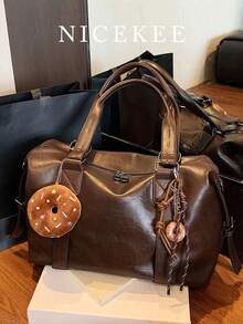 Nicekee Casual And Stylish Large Capacity Handbag With Pendant, Retro And Simple Solid Color Shoulder Bag, Suitable For Commuting Shopping - Coffee - View 3