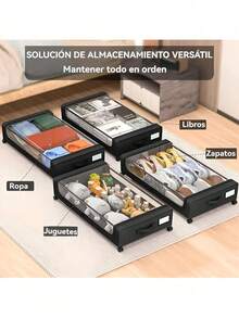 Contenedores de almacenamiento con ruedas para debajo de la cama (paquete de 2) con divisores y tapas transparentes; organizadores XXL de 95 L; ideales para ropa (negro). - Negro - Ver 5
