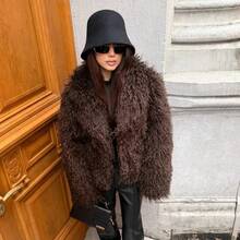 OFTBUY Solid Color Faux Fur Long Sleeve Loose Fit Notch Lapel Short Jacket For Women, Casual Streetwear, Autumn/Winter - Coffee 03 - View 6