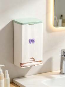 Cute Bow Wall-Mounted Tissue Box, Bathroom Sanitary Napkin Storage Box, Vertical Striped Textured Shell, No-Drill Adhesive Wall Installation. Smooth Dispensing Opening, Can Hold Face Towels, Tissues, Flip-Top Design For Easy Refill. White And Pink Contrast Color Girly Style, Suitable For Bathroom Vanity, Frees Up Countertop Space, Practical Home Storage For Face Towels And Tissues. - Multicolor - View 10