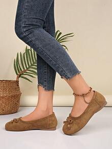 Spring Autumn New Faux Suede Ballet Flats, Round Toe Slip‑On Shoes, Bow Bead Decor Cute Versatile Low Vamp Flat Daily Shoes - Brown - View 5