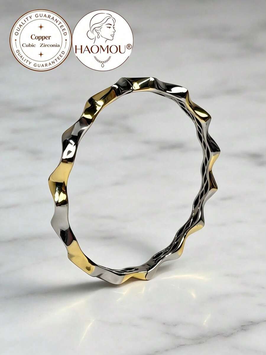 1PC Women's Two-Tone Open-Work Copper Bracelet With Clasp, Geometric Rivets And Wavy Design – Perfect For Daily Wear, Parties, Layering, And Gifting - Gold and Silver Dual-tone - Wavy - View 1