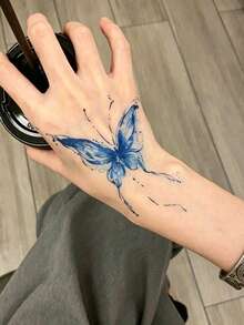 8 Pcs Blue Ink Floral Butterfly Temporary Tattoo Stickers, Sketch Rose & Gothic Butterfly Mixed Designs, Waterproof Body Art Decals For Ladies, Apply On Forearm, Waist, Shoulder, Hand, Vintage Cool Elegant Daily Decor - Black - View 11