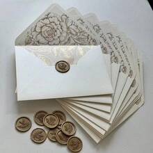 NIEWSPECIAL 10/20 Pcs Pearl Ivory Envelopes With Gold Foil Or Champagne Gold Flower Pattern Stickers And A Wax Seal For Invitation,Suit For 5*7inch Card - 135*192mm Design a - View 17