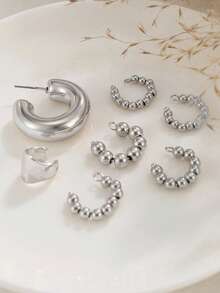 Retro Geometric Metal Smooth Surface C-Shaped Stud Earrings, Fashionable CCB Round Bead Ear Bar Clasp Set - Earrings Set - View 5