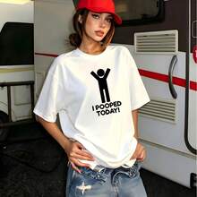 Street Cotton Oversized T‑Shirt, Funny Stick Figure I Pooped Today Slogan Graphic Drop Shoulder Tee For Travel Street Look - White - View 1