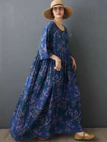 AZAH 萬聖節優雅舞會波希米亞風休閒度假洋裝 2026 春夏女款大尺碼復古藍色花卉印花 A 字長洋裝圓領蝙蝠袖短袖 - 藍色 - 查看 1