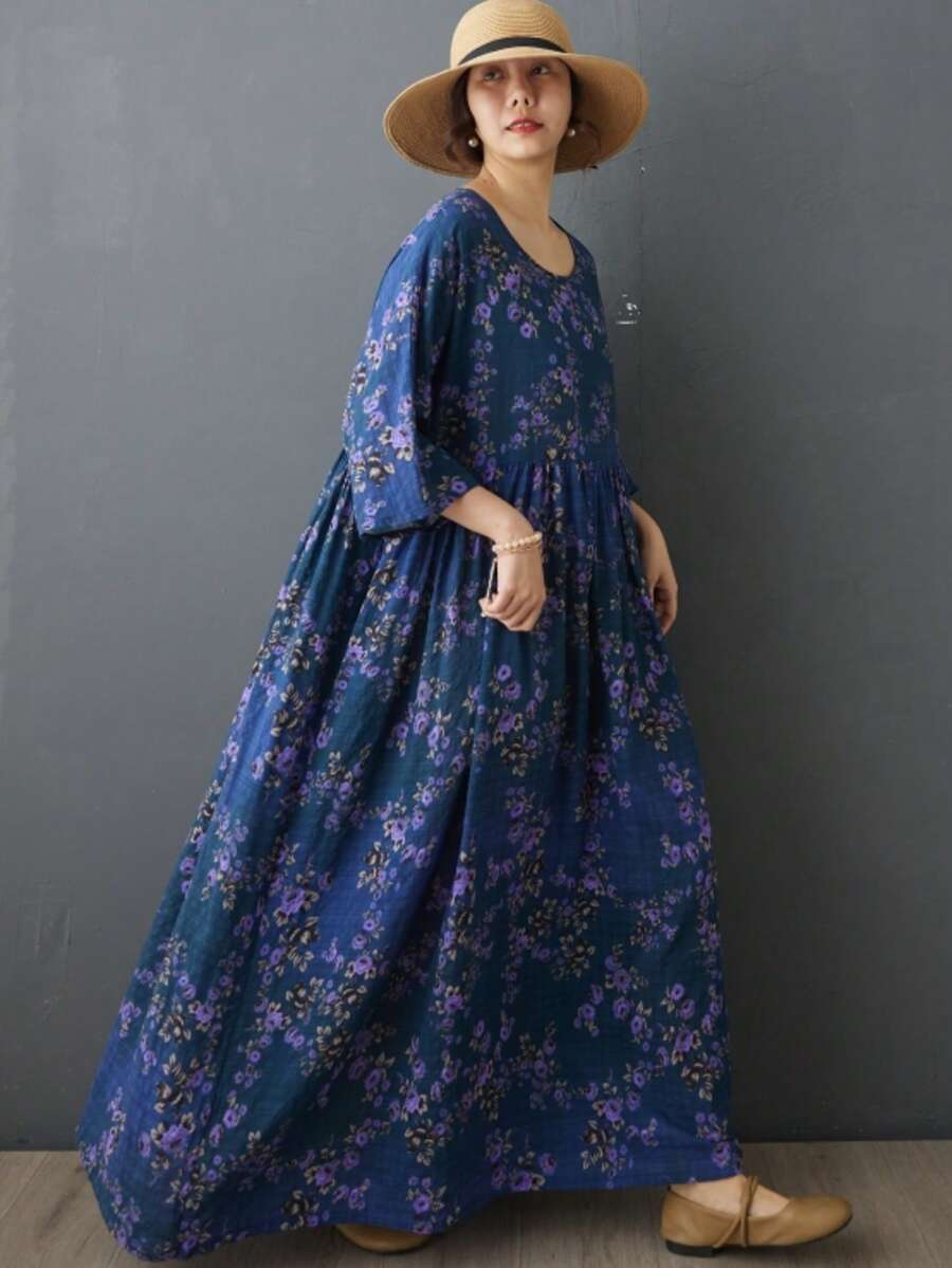 AZAH 萬聖節優雅舞會波希米亞風休閒度假洋裝 2026 春夏女款大尺碼復古藍色花卉印花 A 字長洋裝圓領蝙蝠袖短袖 - 藍色 - 查看 1