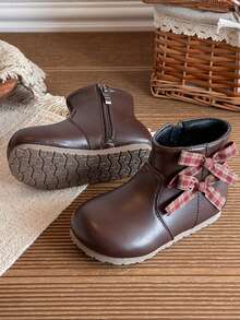 Girls' Vintage Plaid Bow Ankle Boots, Inner Zipper Soft Sole Non-Slip Boots, Sweet Princess Ankle Boots For Autumn/Winter - Brown - View 5