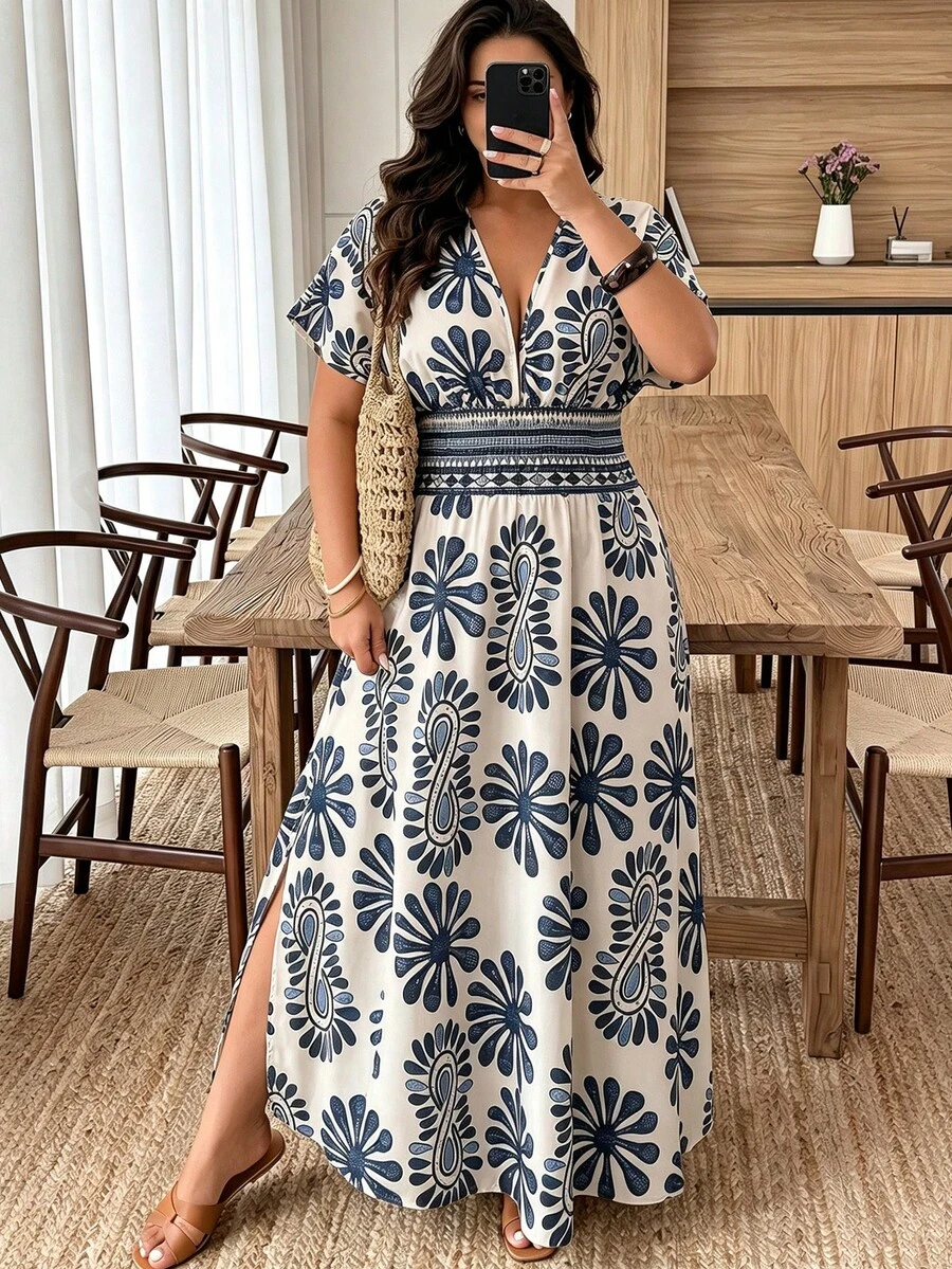 Spring/Summer Shirred Printed Gathered A-Line Slit Casual Vacation Elegant Women's Dress, Suitable For Daily And Vacation Wear