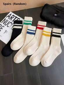 5/6 Pairs Random Men's Mid-Calf Socks, Fashionable Style, Moisture-Wicking, Long Socks, Striped Letter Pattern, Japanese Streetwear Style, Suitable For Daily Wear - Multicolor - View 4