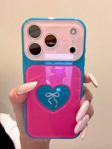 Contrast Color 3D Heart Bow Phone Case Compatible With Apple 17 Pro, Luxury Minimalist Couple 16 Pro Max New 15 Pro Women's Niche 14 Full Coverage Anti-Fall Protective Cover - Hot Pink - View 3