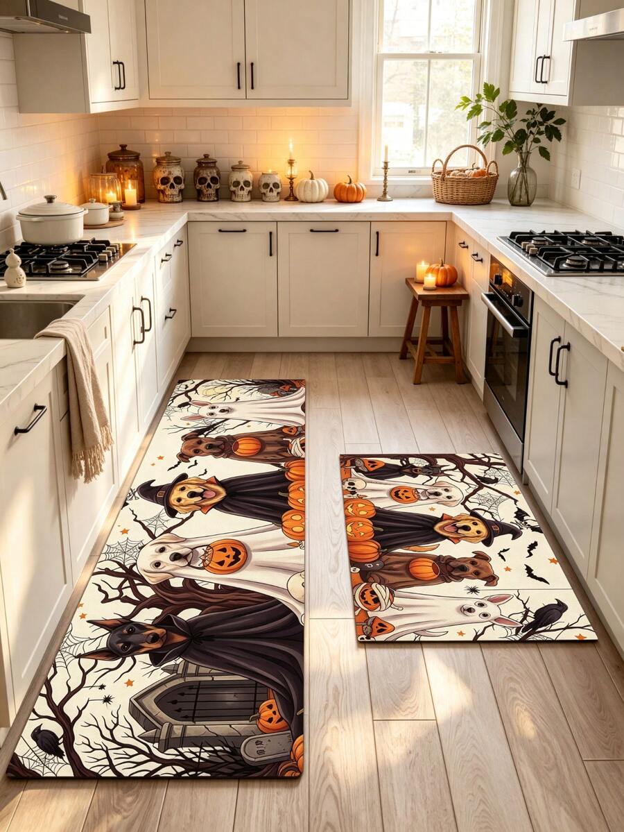 1/2pcs Halloween Doormat, Pumpkin Pattern, Autumn Vintage Diatomaceous Earth Mat, Super Absorbent, Non-Slip, Perfect For Bathroom, Kitchen And Dining Room, Quick Dry, Machine Washable, Perfect Gift For Home Decor And Bathroom Mat, Halloween Holiday Gift! - Multicolor - View 1