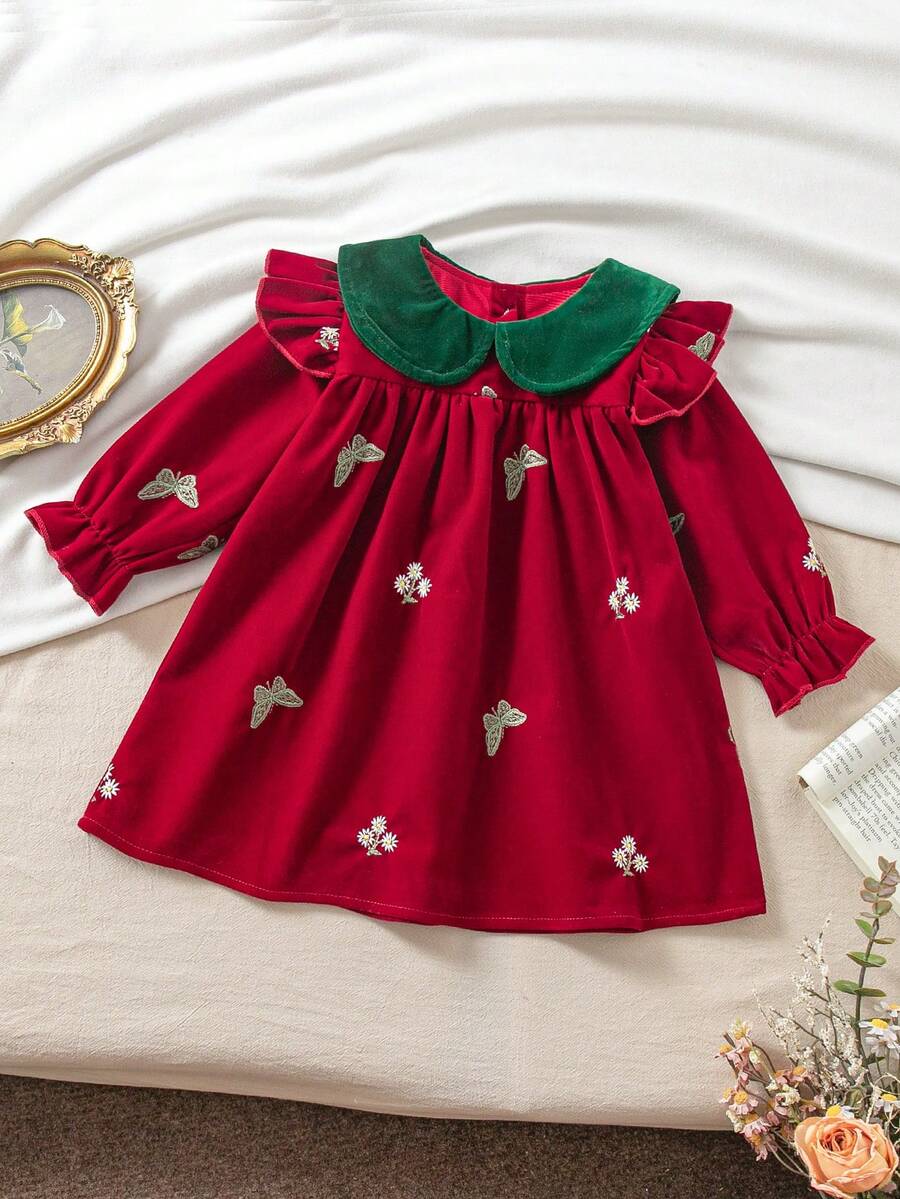 1pc Baby Girl Velvet Peter Pan Collar Embroidered Vintage Royal Style A-Line Dress - Red - View 1