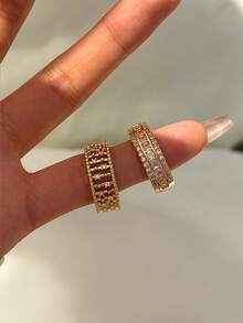3pcs Old Money Style Cubic Zirconia Geometric Stackable Copper Rings Set, Suitable For Women's Daily And Party Wear, Quiet Luxury - Yellow Gold - View 6