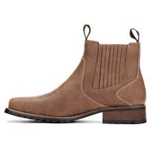 Vintage Western Style Men's Cowboy Chelsea Boots, Square Toe Elastic Slip-On Short Ankle Boots With Chunky Heel - Brown - View 2