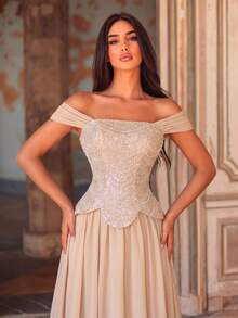 Women's Luxury Sequin Strapless Square Neck Full Skirt Maxi Ball Gown, Suitable For Formal Occasions - Champagne - View 3