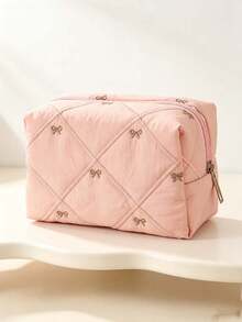 1pc/2pcsChic Style Quilted Cosmetic Pouch, Rectangular Box‑Shaped, Diamond Stitching With Bow Embroidery Detail, Zipper Closure, Cosmetic Storage, Travel Toiletry Bag, Suitable For Daily Makeup Organizing, Weekend Trip, Business Travel, All Season - Multicolor - View 6