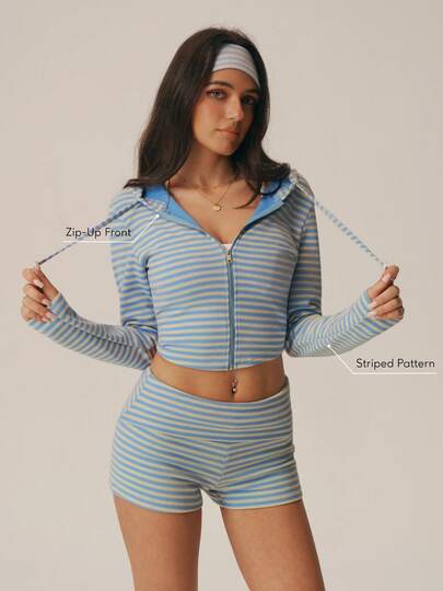 Sodalemon Women's Colorblock Striped Autumn Sports Fitness Jacket, Long Sleeve Zipper Drawstring Hood, Soft And Comfortable, Fitness Casual Outdoor Sports Wear