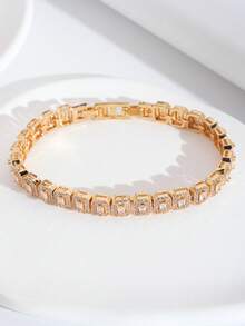 1pc Luxury Elegant Sparkling Cubic Zirconia Inlaid Rectangular Design Bracelet, Suitable For Women's Wedding And Banquet Wear, Gift Box Not Included - Yellow Gold - View 2