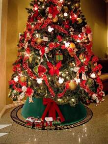 Artificial Christmas Tree Collar, Green Christmas Tree Skirt With Large Red Bow, Suitable For Christmas Party, Tree Decoration And Holiday Home Decor, Perfect Christmas Accessory - one-size - View 6