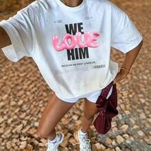 Women's We Love Him Graphic Print Oversized T-Shirt Dress White Pink Black Text Round Neck Short Sleeve Summer Breathable Cotton - White - View 2
