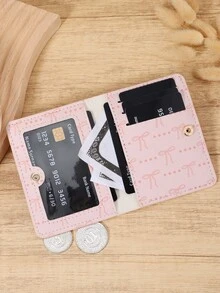 Fashionable Bow Print Snap Button Women's Coin Wallet, Lightweight And Portable Cash, Credit Card, Coin Card Bag, Suitable For Outdoor And Travel - Pink - View 8