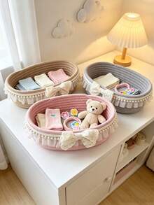 1pc Pink Pearl Bow Storage Basket - Lace Trim And Pearl Bow Baby Supplies Storage Box, Suitable For Girls Room Decor And Baby Daily Items Storage - Multicolor - View 1