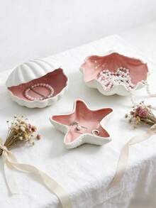 Decorative Ceramic Jewelry Tray, Pink, Shell And Starfish Shaped Small Accessory Tray, Ceramic Jewelry Tray, Ring Dish Jewelry Tray, Ocean Theme Decorative Small Accessory Tray, Suitable For Rings, Earrings, Necklaces, Bracelets, Jewelry Watches, Bathroom, Bedroom - Multiple Styles - View 6