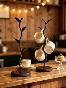 1Pc Black Leaf‑Shaped Tabletop Display Stand, Minimalist Farmhouse Style Wood Material Curved Twig Shape Multi‑Hook Leaf Design Multifunctional Mug Jewelry Holder For Kitchen Home Decor Daily All‑Season Use - Multicolor - View 6