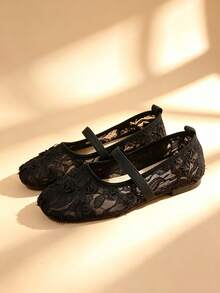 Women's Mesh Lace Mary Jane Flat Shoes 3D Floral Square Toe Elastic Strap Soft Sole Breathable Loafers - Black - View 4
