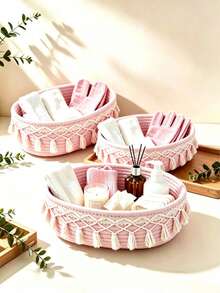 XqYBB Handwoven Rope Oval Storage Basket, Small Hanging Woven Basket, Suitable For Living Room, Bedroom, Game Room, Can Store Snacks, DIY Rope Basket, Holiday Decor, Gifts, Toys, Back To School Season - White (Fringe) - View 25