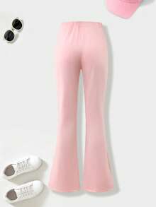 Cute Girls' Flare Pants, Black Cat Head & Paw Print Pattern High Waist Elastic Slim Fit Long Pants, Spring/Autumn - Pink - View 3