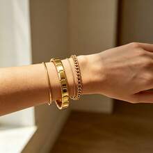 1pc Stainless Steel Elastic Fashion Bracelet, Adjustable Bracelet, Suitable For Daily Wear - Gold - View 6