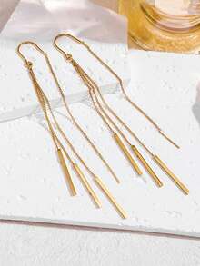 MONALLY 18K Gold Plated Stainless Steel Women's Pierced Earrings, Long Tassel Dangle Earrings, Minimalist Geometric Ear Wire Jewelry - Earring - View 4