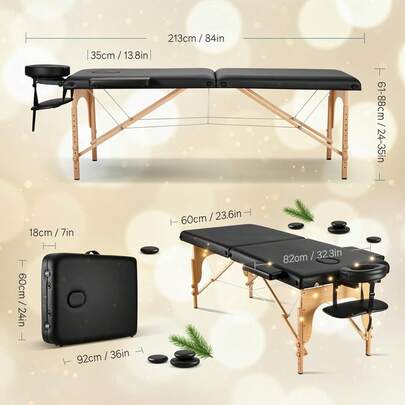 Portable Massage Table 23.5" Wide Lash Bed, 2-Fold Wooden Massage Bed With Carrying Bag, Height Adjustable Spa Facial Tattoo Table With Face Cradle, 496 Lbs Capacity, Black