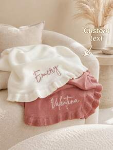 1pc Personalized Name Embroidered Knitted Throw Blanket, Customized Letter Knitted Blanket, 6 Colors Available, Bedroom And Sofa Home Decor, Exquisite Holiday Gift For Family - Multicolor - View 3