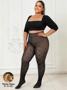 1 Pair 300g Plus Size Autumn/Winter Fleece Lined Black Sheer Women's Leggings, Polka Dot & Heart Pattern Soft Elastic Tights, All-Match Versatile Thickened Base Layer, Suitable For Daily Wear, Office, Party, Halloween, Christmas, Temperature 5~15°C - Black - View 4
