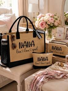 拼色三件式亞麻托特包，印有「Nana」字母，大容量時尚托特包，教堂活動禮物，側邊水瓶網袋，方便放置聖經、筆記本電腦、水瓶、雨傘等，適合生日、教師節、復活節 - 彩色 - 查看 6
