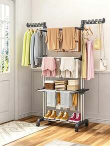 Rolling Clothes Drying Rack, Stainless Steel Foldable Multi‑Layer Laundry Drying Stand With Wheels, Large Capacity Space‑Saving Garment Dryer, For Balcony Bathroom Laundry Room, Ideal For Family Household Daily Drying Use - Multicolor - View 3