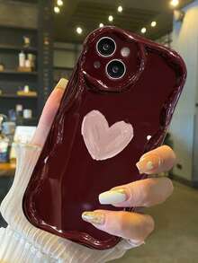 1pc Graffiti Heart Pattern Phone Case Compatible With IPhone 15 Pro Max, New Apple 14 Plus Milk Texture Creative Personalized - Burgundy - View 4