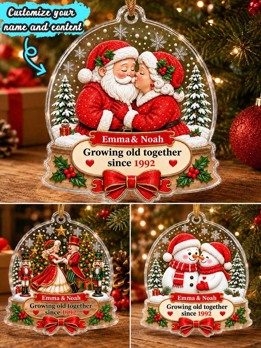 Customized Couple Christmas Ornament, Engravable Name & Date, Personalized Romantic Christmas Tree Decoration, Holiday Style, Customized Together Grow Old Keepsake, Customizable Christmas Ornament, Anniversary Gift, Christmas Gift, Christmas Decoration - Style C - View 1
